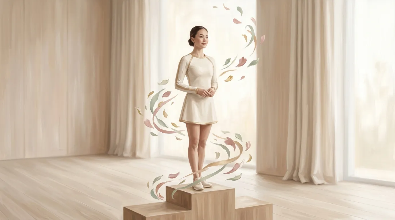 Femme en robe blanche sur podium, feuilles colorées flottantes