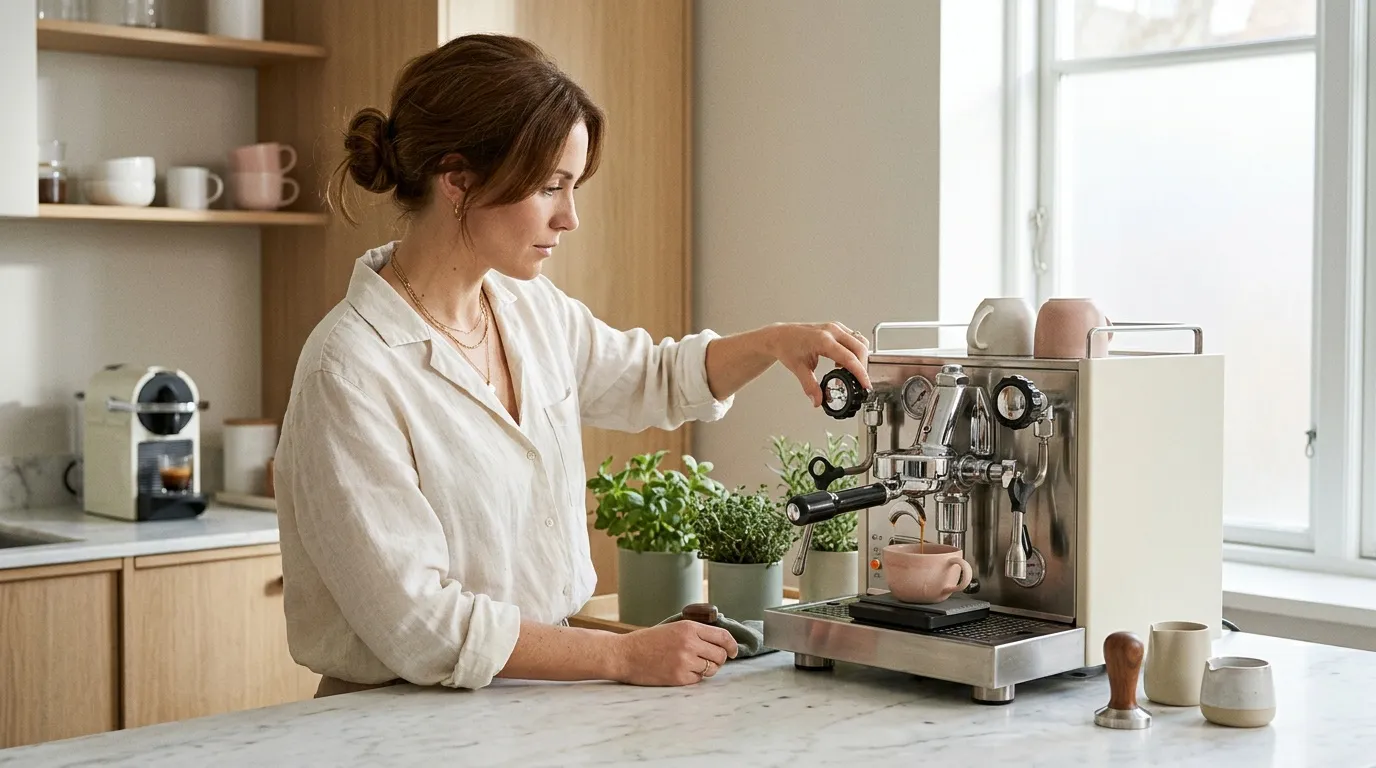 Femme utilisant une machine &agrave; espresso dans sa cuisine moderne