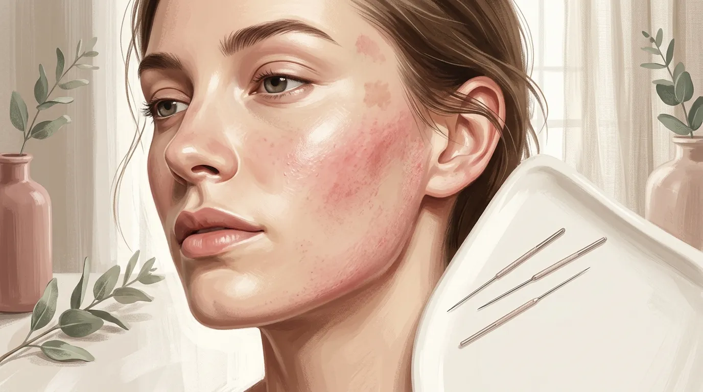 Femme avec marques de traitement dermatologique sur le visage