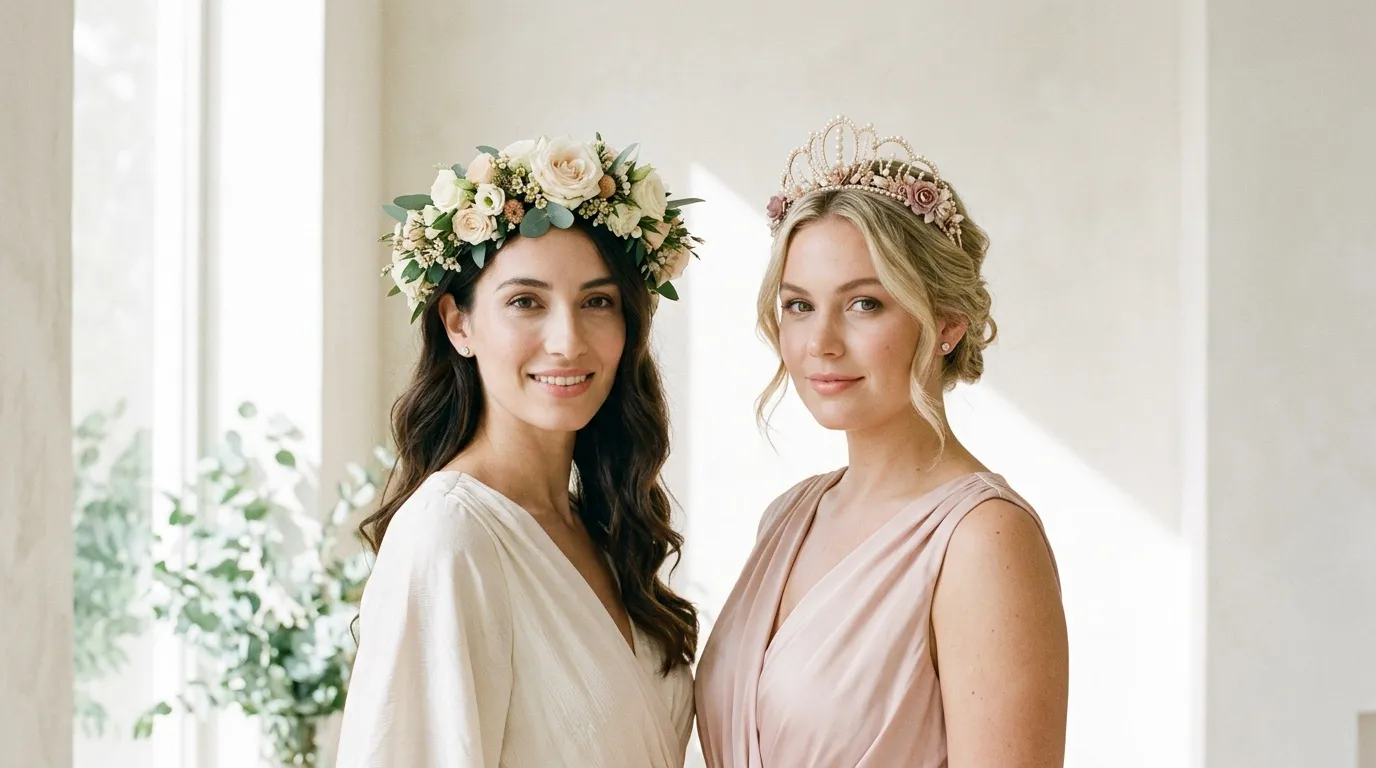 Deux femmes souriantes portant couronnes florales et robes pastel