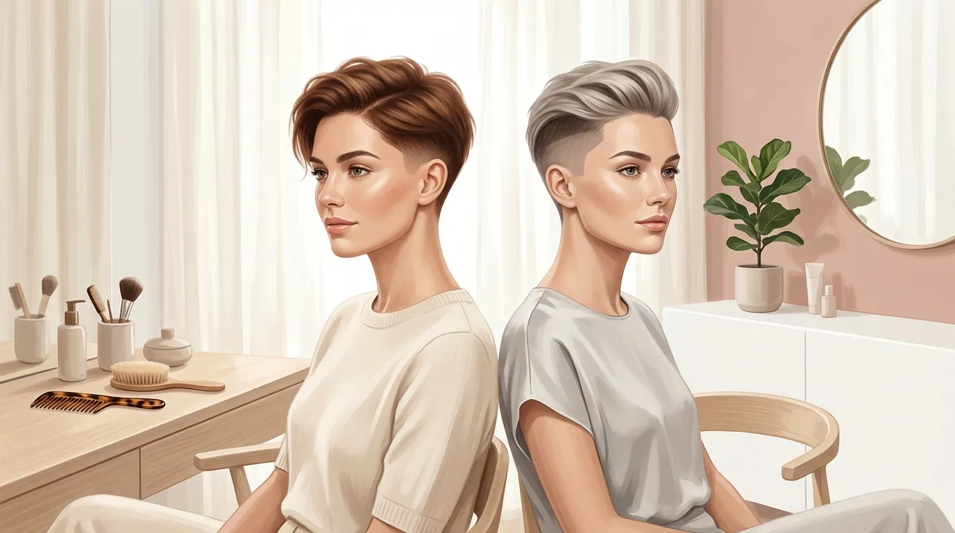 Deux femmes présentant des coupes de cheveux courtes élégantes en miroir