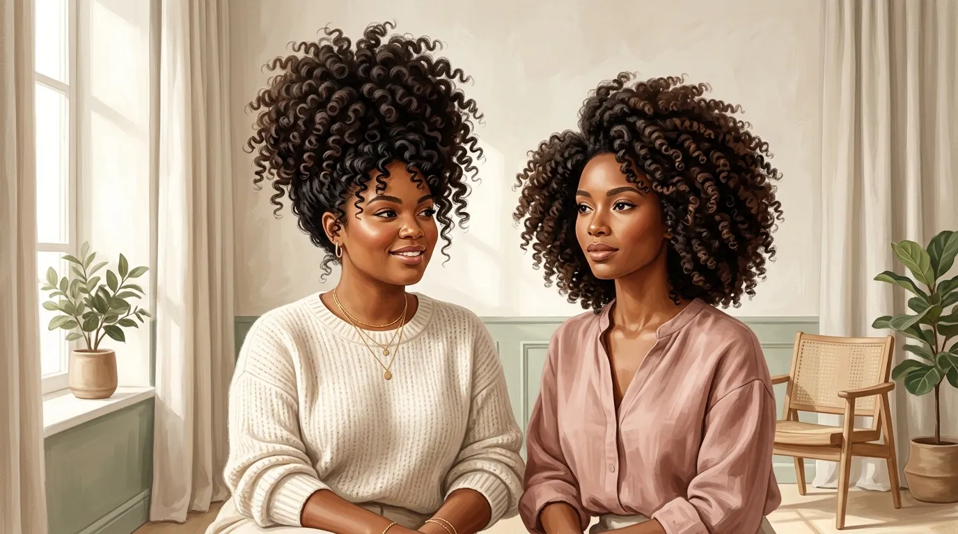 Deux femmes souriantes avec cheveux bouclés dans un salon moderne