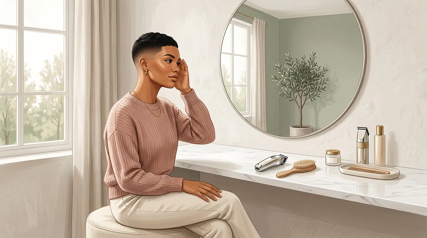 Femme assise devant un miroir rond dans une salle de bain moderne
