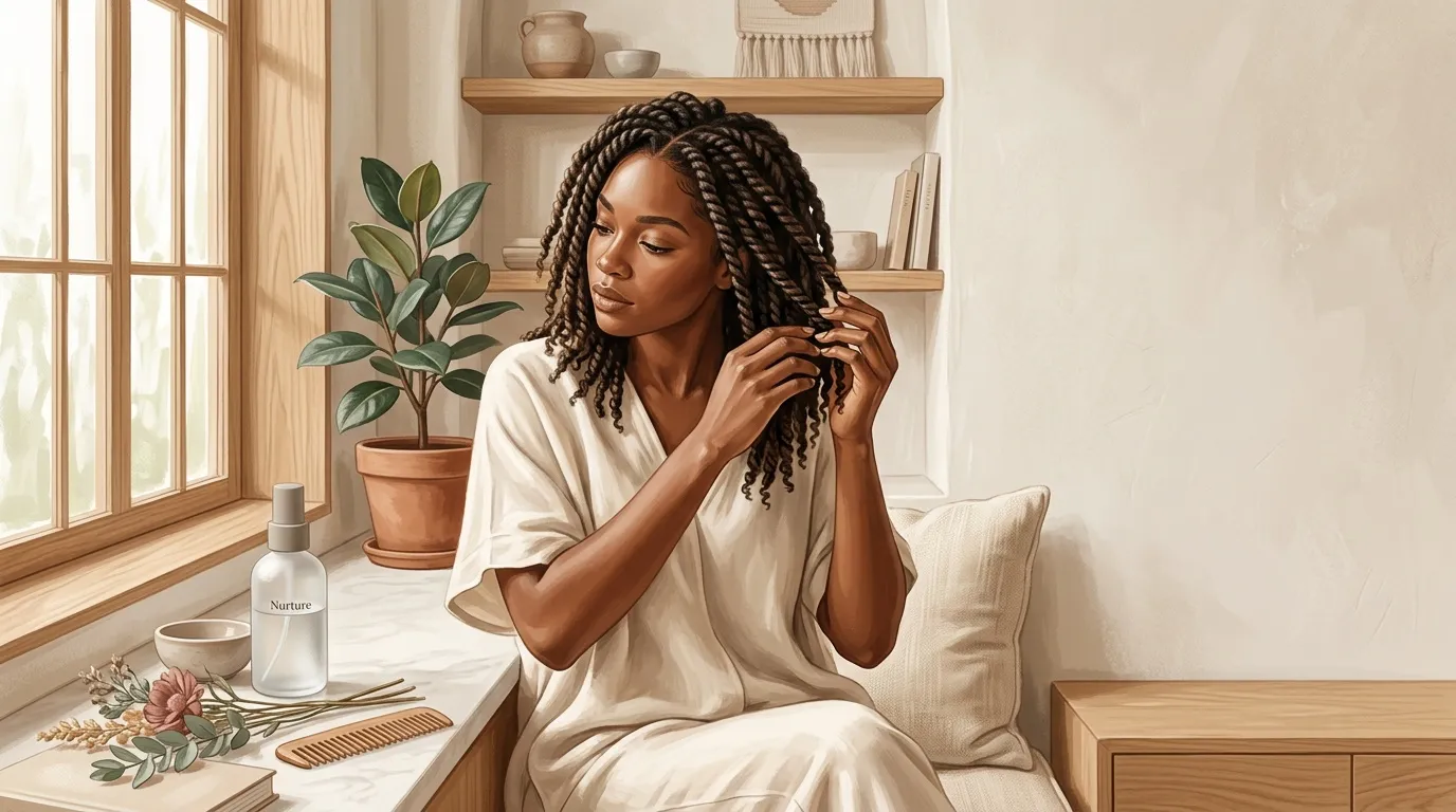Femme soignant ses cheveux tressés dans une ambiance zen