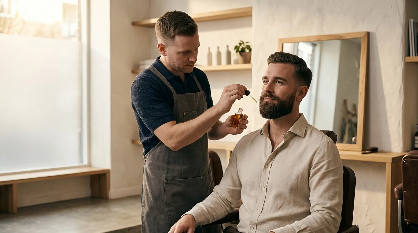 Barbier applique une huile dans la barbe d'un client assis