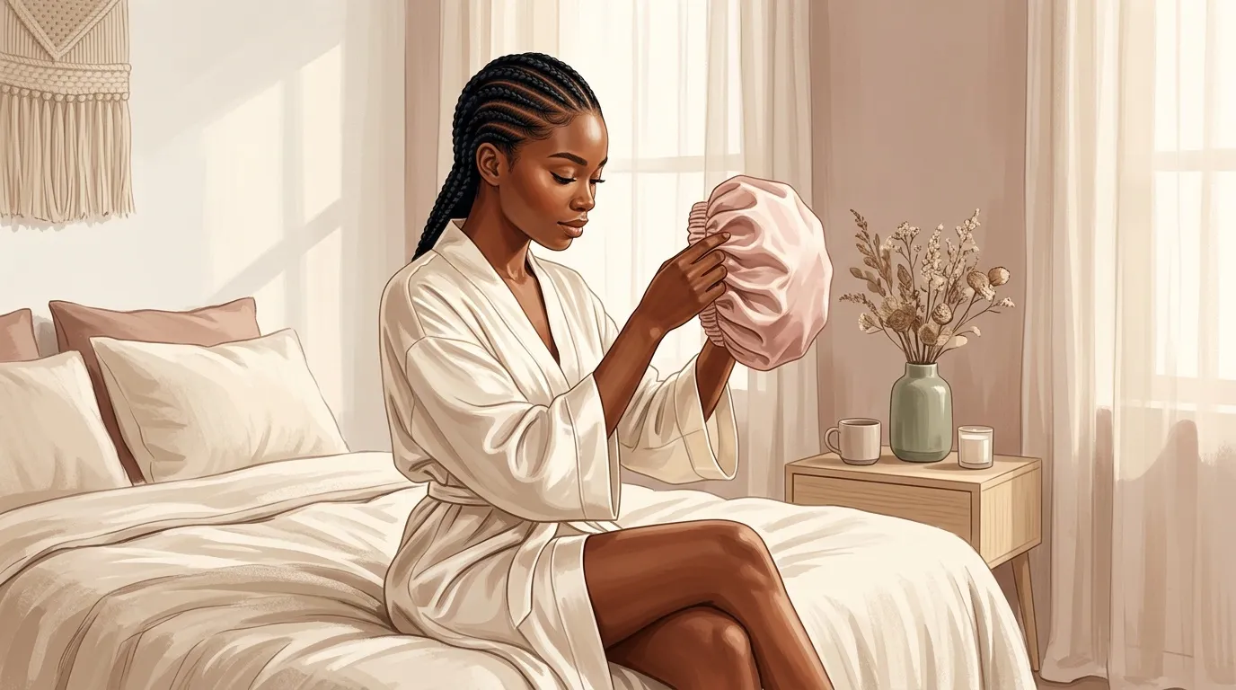 Femme en robe blanche examinant un bonnet de douche rose dans sa chambre