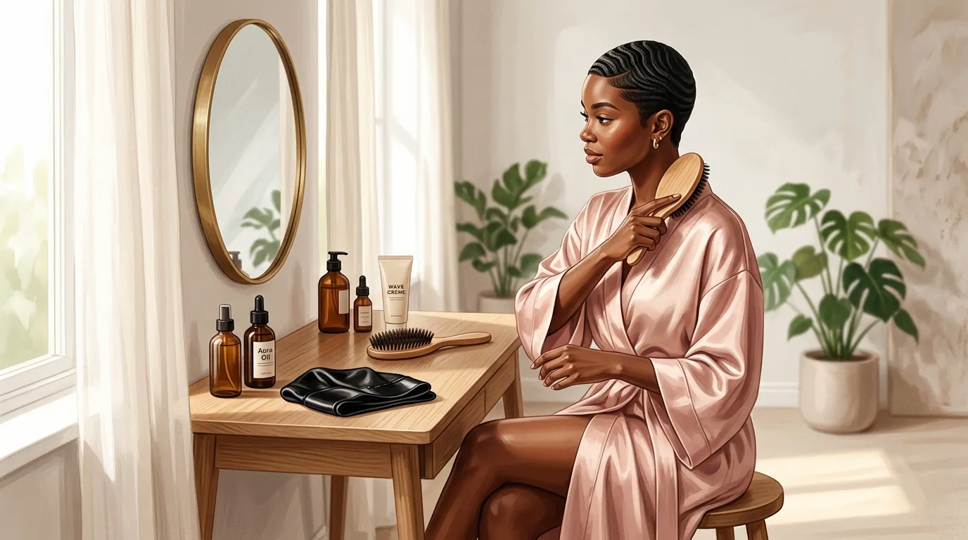 Femme en robe rose se brossant les cheveux près d'un miroir