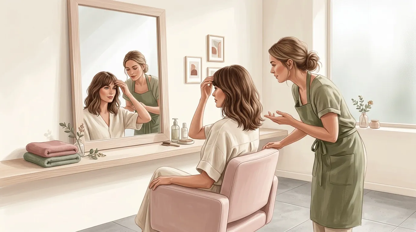 Coiffeuse conseillant une cliente devant un miroir