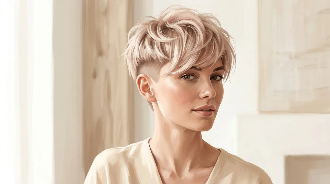 Portrait d'une femme avec coupe courte blonde asymétrique