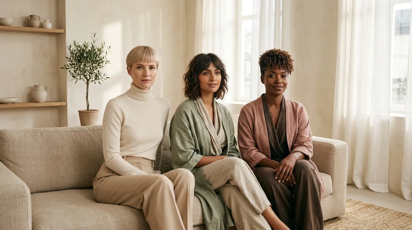 Trois femmes assises sur un canapé beige dans un intérieur moderne
