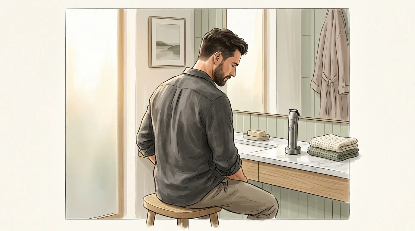 Homme assis au miroir de salle de bain moderne