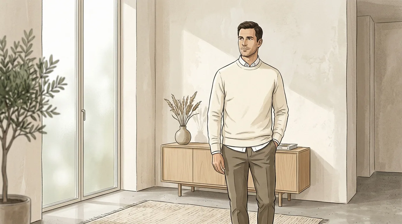 Homme en pull beige posant dans appartement moderne lumineux