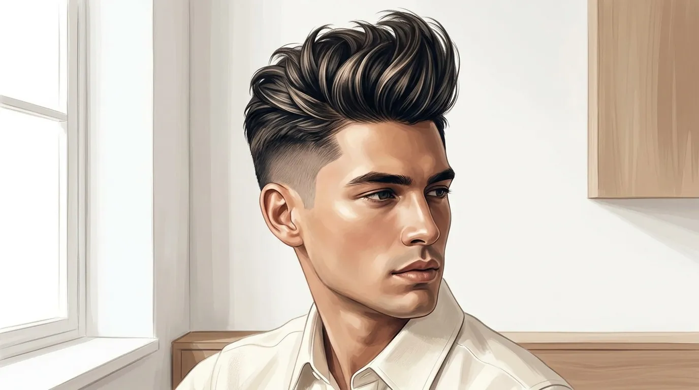 Portrait d'un homme aux cheveux noirs stylisés, chemise blanche claire