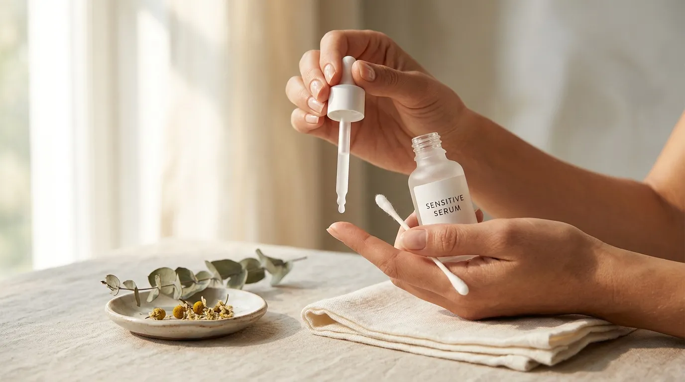 Femme appliquant un sérum facial sensible avec pipette