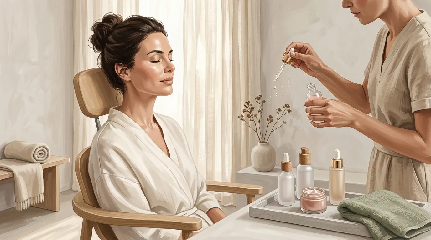 Esth&eacute;ticienne appliquant un s&eacute;rum facial &agrave; une cliente dans un spa luxueux