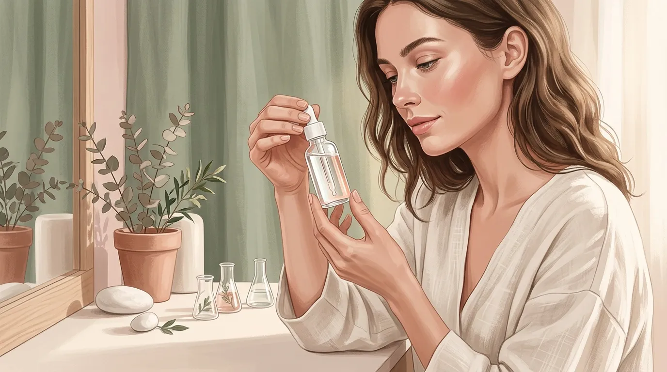 Femme examinant un flacon de s&eacute;rum cosm&eacute;tique naturel