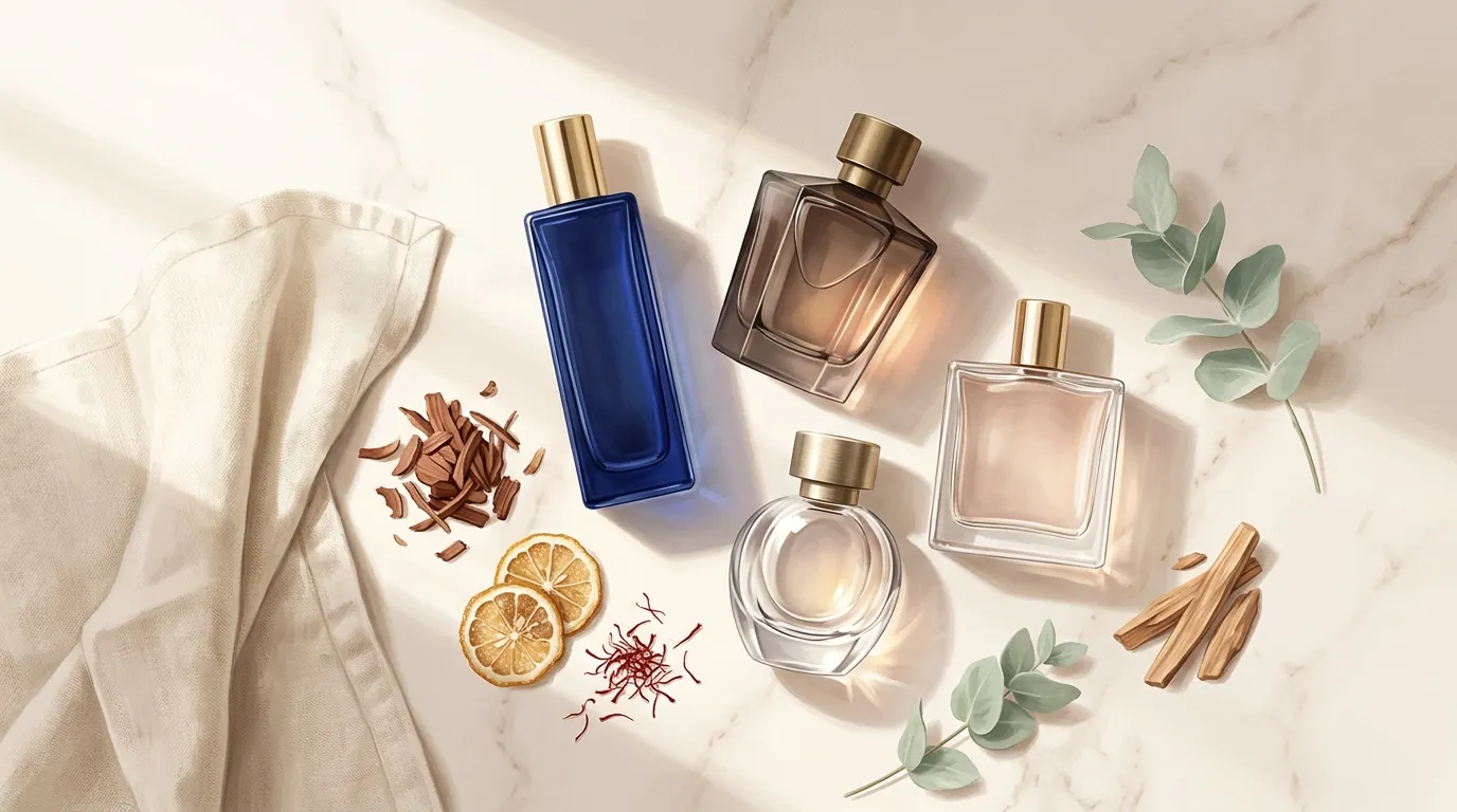 Quatre flacons de parfum avec ingr&eacute;dients naturels sur marbre blanc