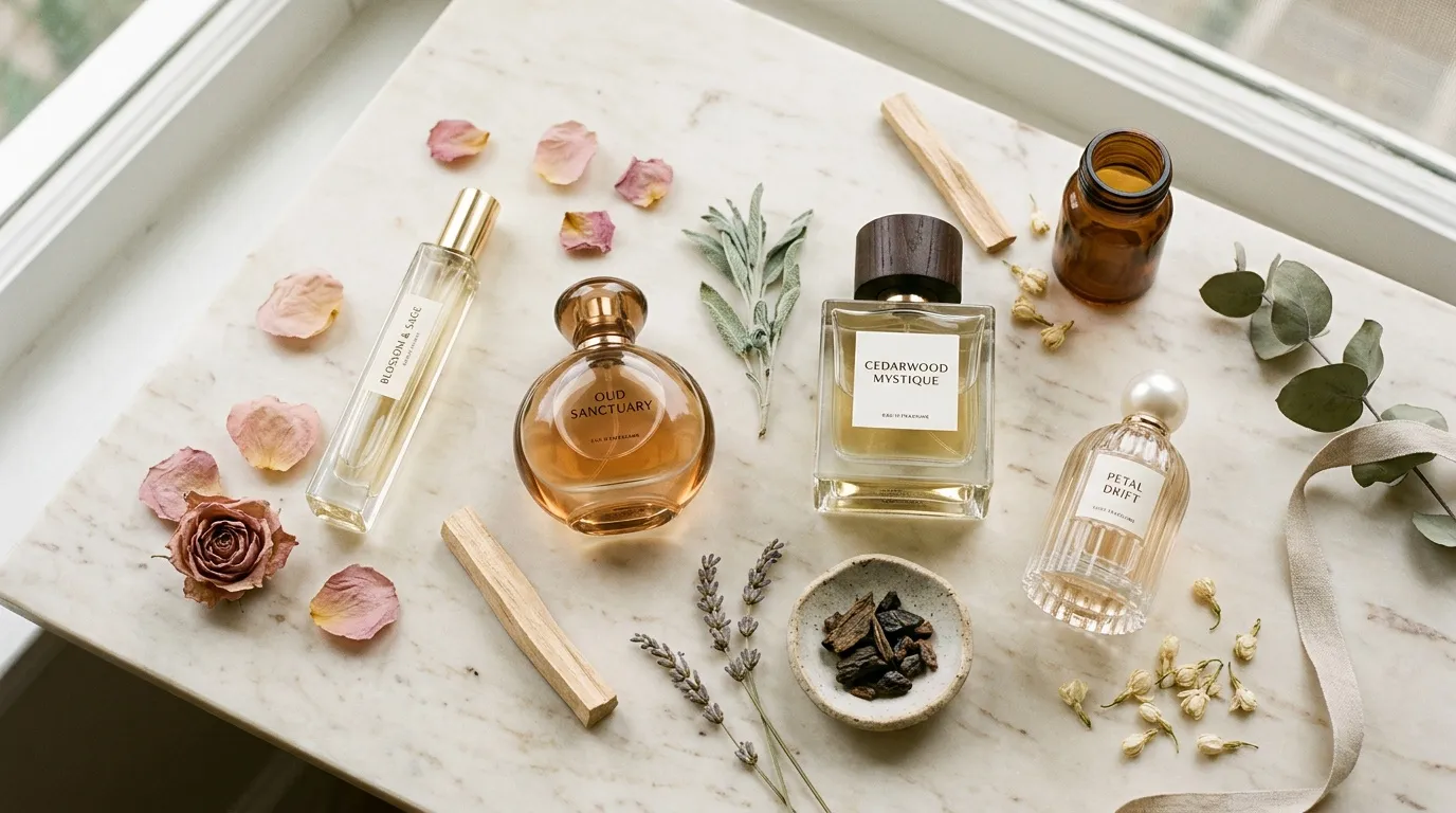 Parfums et ingr&eacute;dients naturels sur marbre blanc