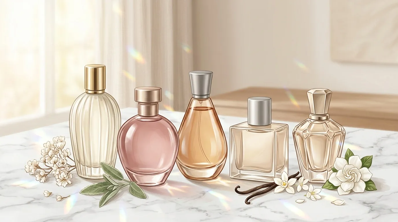Cinq flacons de parfum sur marbre avec fleurs d&eacute;coratives