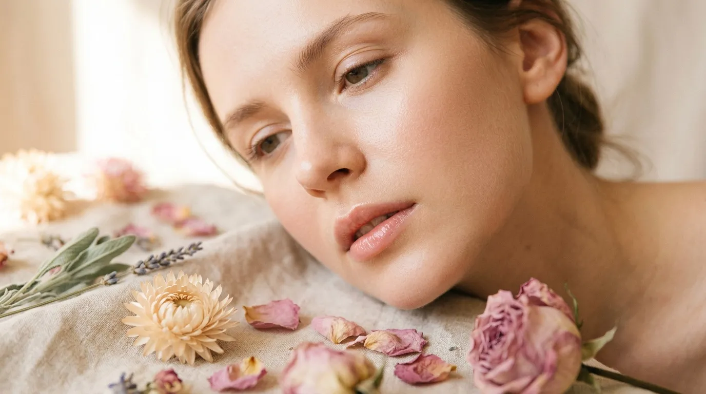 Femme sereine entourée de fleurs séchées et pétales roses