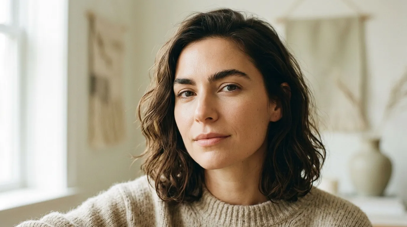 Femme aux cheveux bruns ondulés portant un pull beige clair