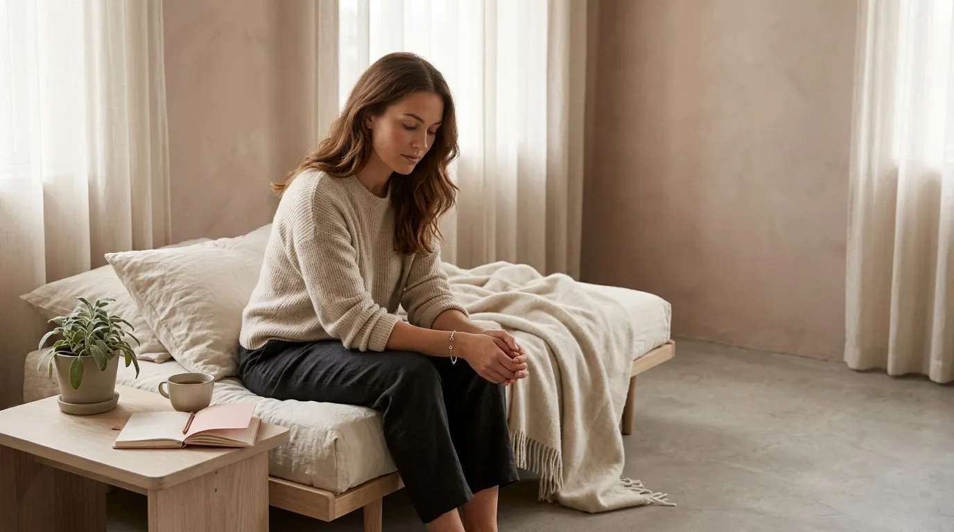 Femme assise sur un lit dans une chambre lumineuse et minimaliste