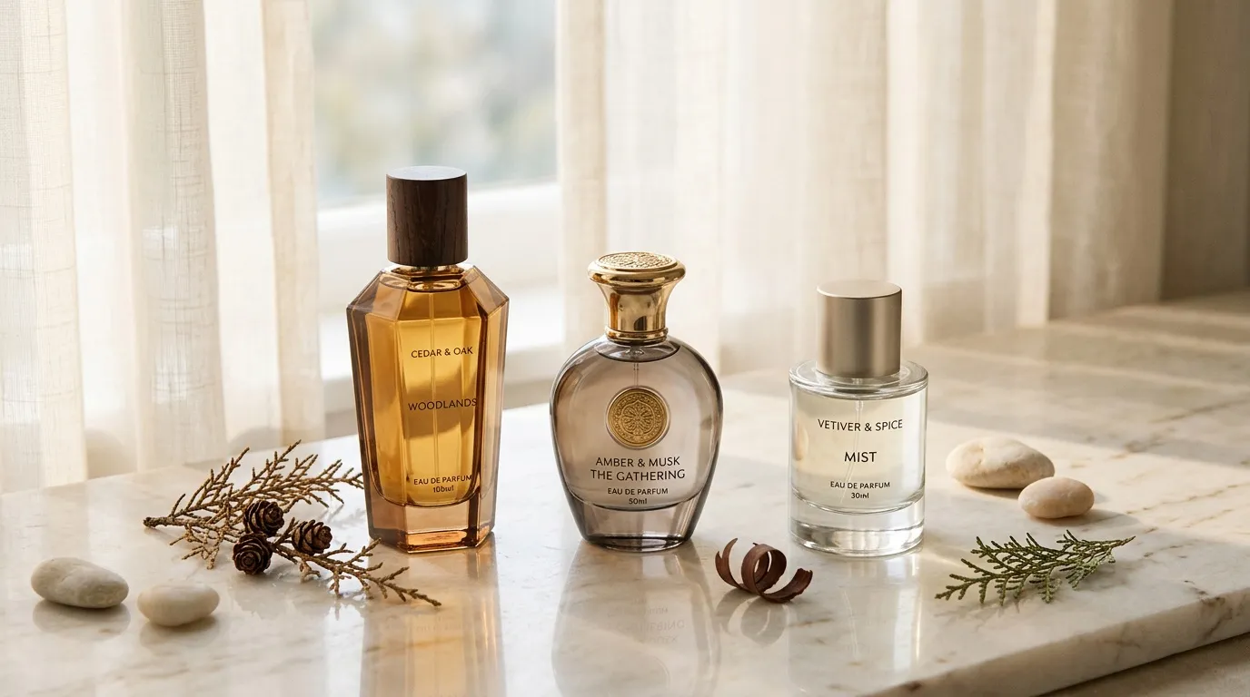 Trois flacons de parfum sur marbre blanc avec d&eacute;coration naturelle