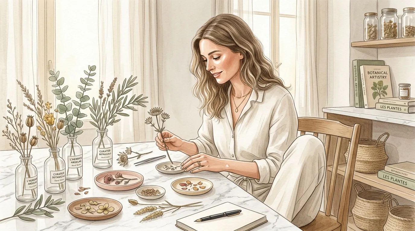 Femme peignant des plantes séchées à sa table de travail.