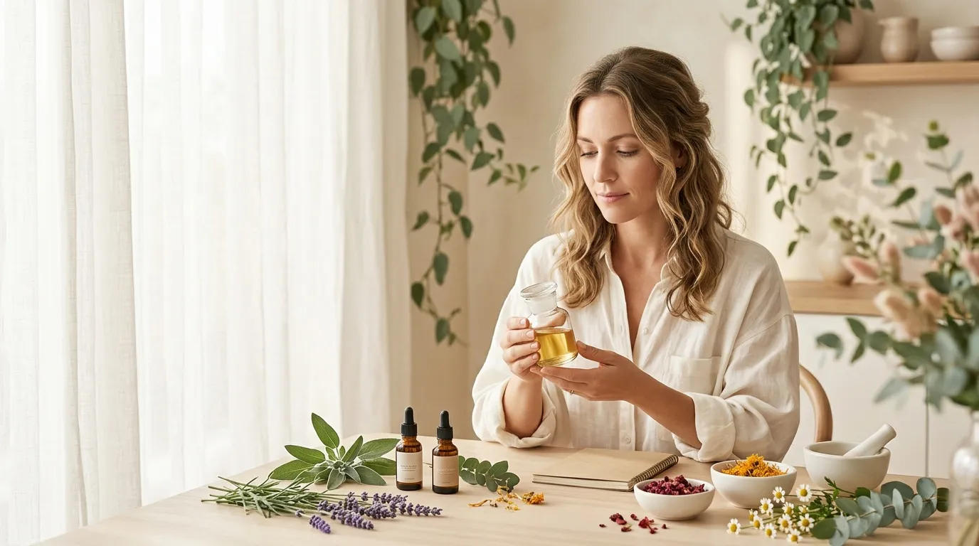 Femme examinant une huile essentielle avec plantes et flacons