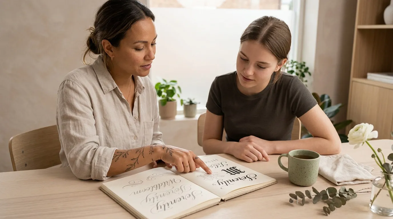 Deux femmes observent un cahier de calligraphie ensemble à table