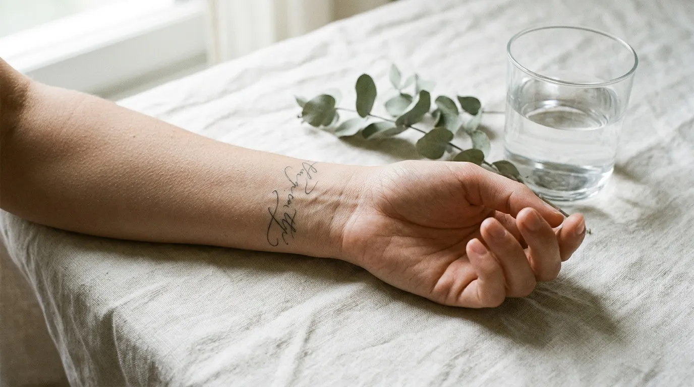Bras avec petit tatouage, verre d'eau et feuillage vert