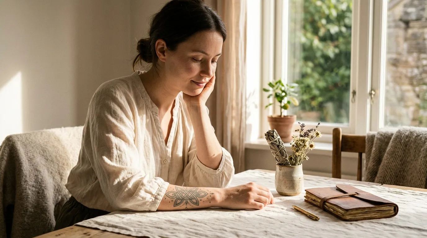 Femme souriante écrivant à une table près de la fenêtre