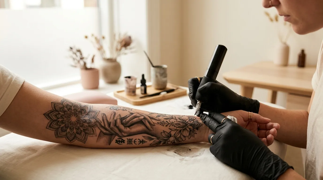 Tatoueur appliquant un tatouage mandala sur le bras d'un client