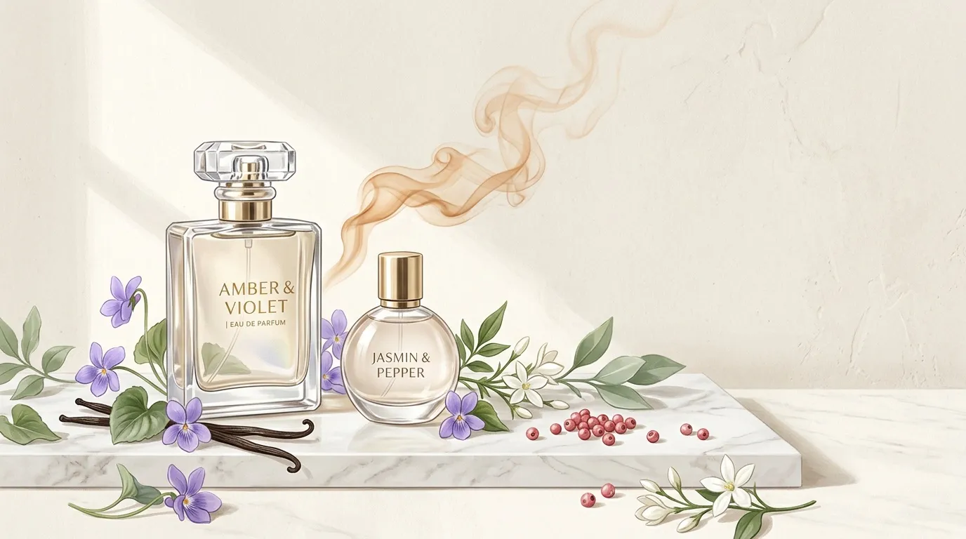 Deux flacons de parfum élégants avec fleurs et vanille décoratives