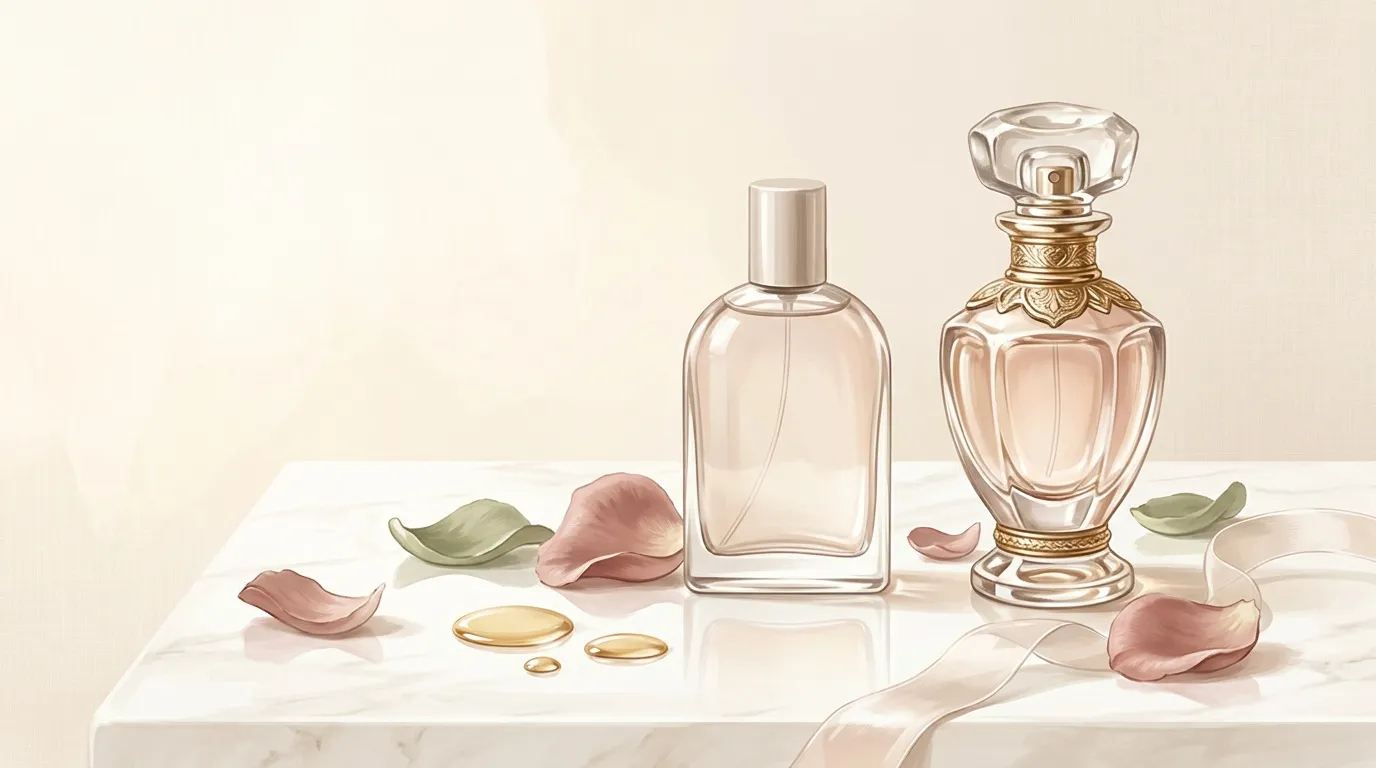 Deux flacons de parfum luxe avec pétales roses et gouttes dorées