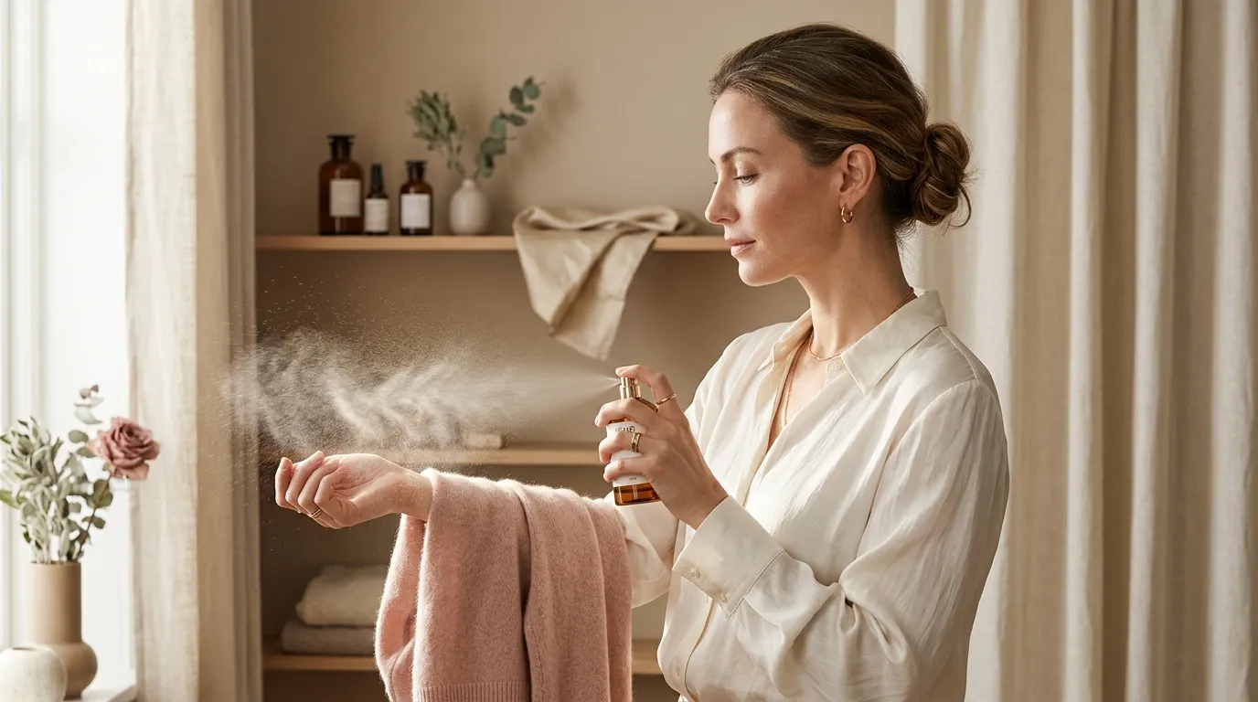Femme en chemise blanche vaporisant du parfum sur un tissu rose