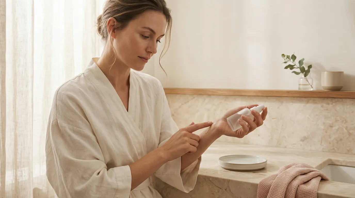 Femme en peigné blanc appliquant crème hydratante sur ses mains