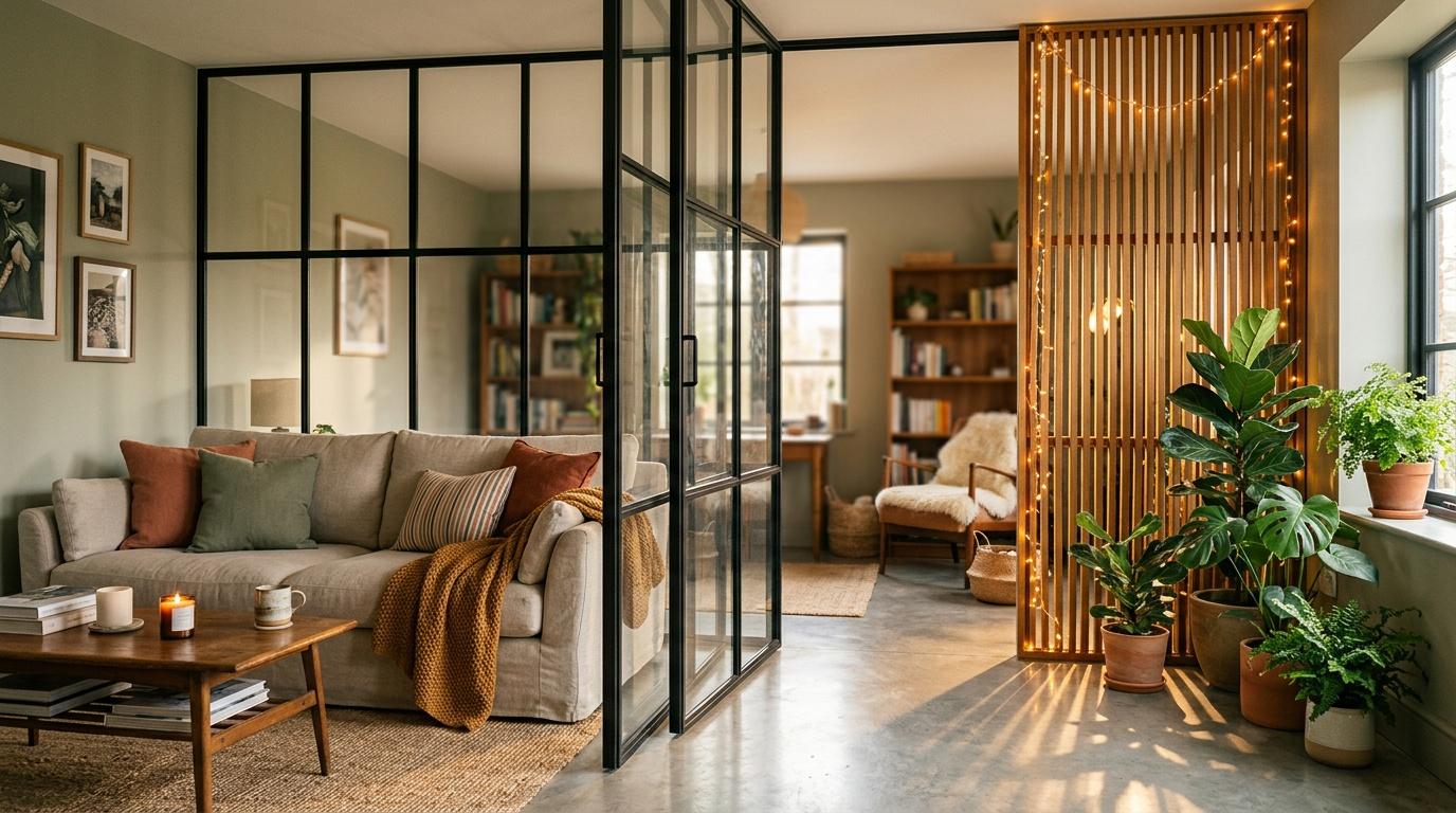 Salon contemporain séparé par cloison vitrée noire et bois