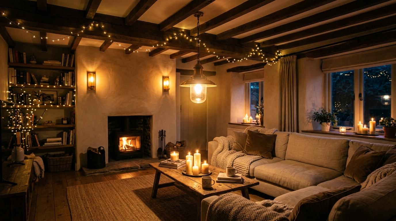 Salon chaleureux avec cheminée, canapés beige et guirlandes lumineuses