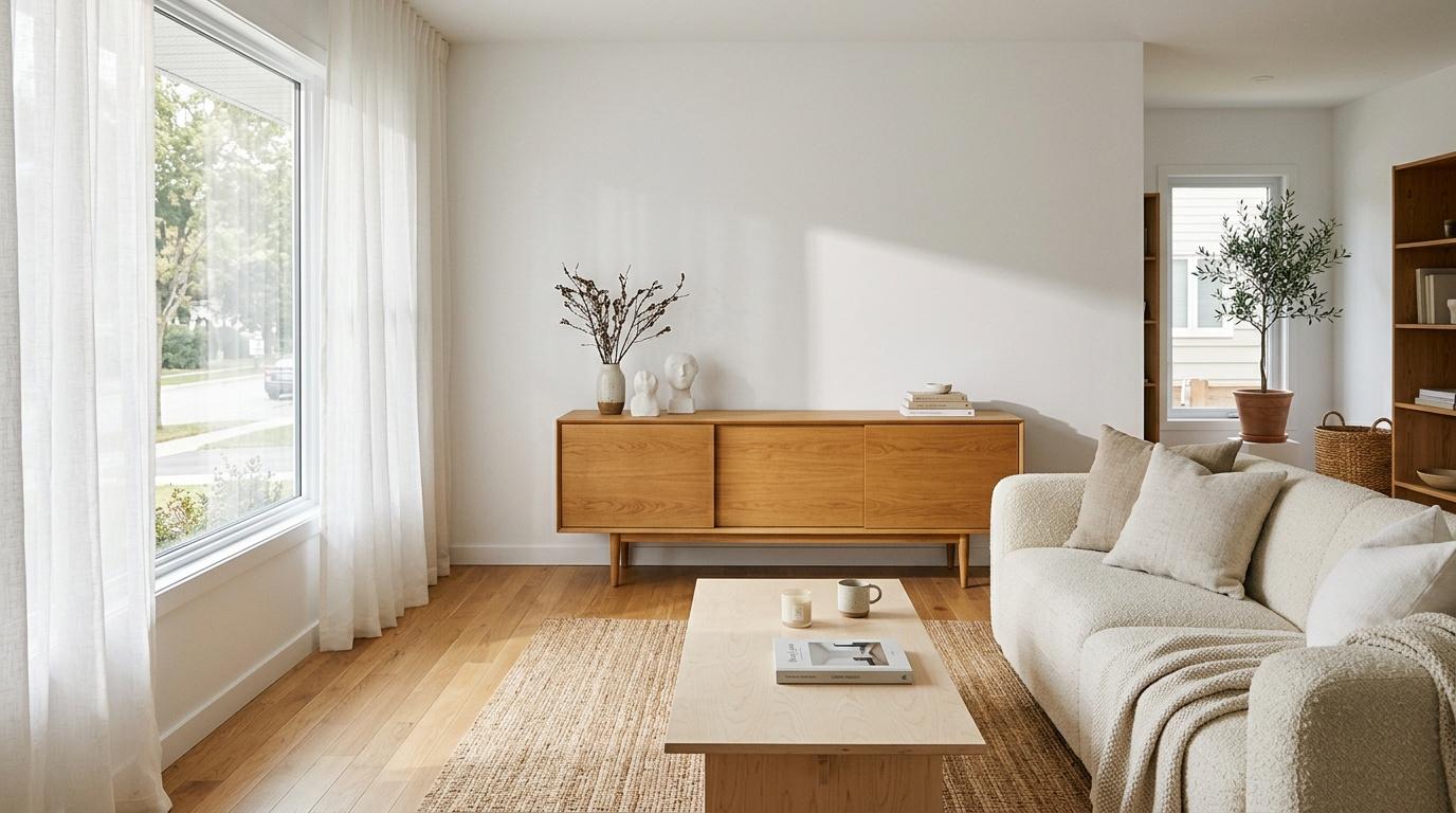 Salon lumineux avec canapé crème, meuble bois et grandes fenêtres