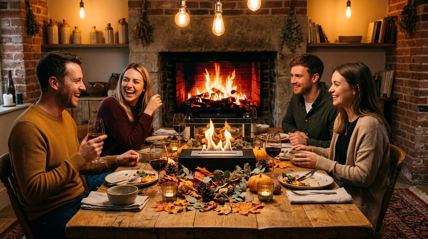 Quatre amis rient autour d'une table avec cheminée et décoration automnale