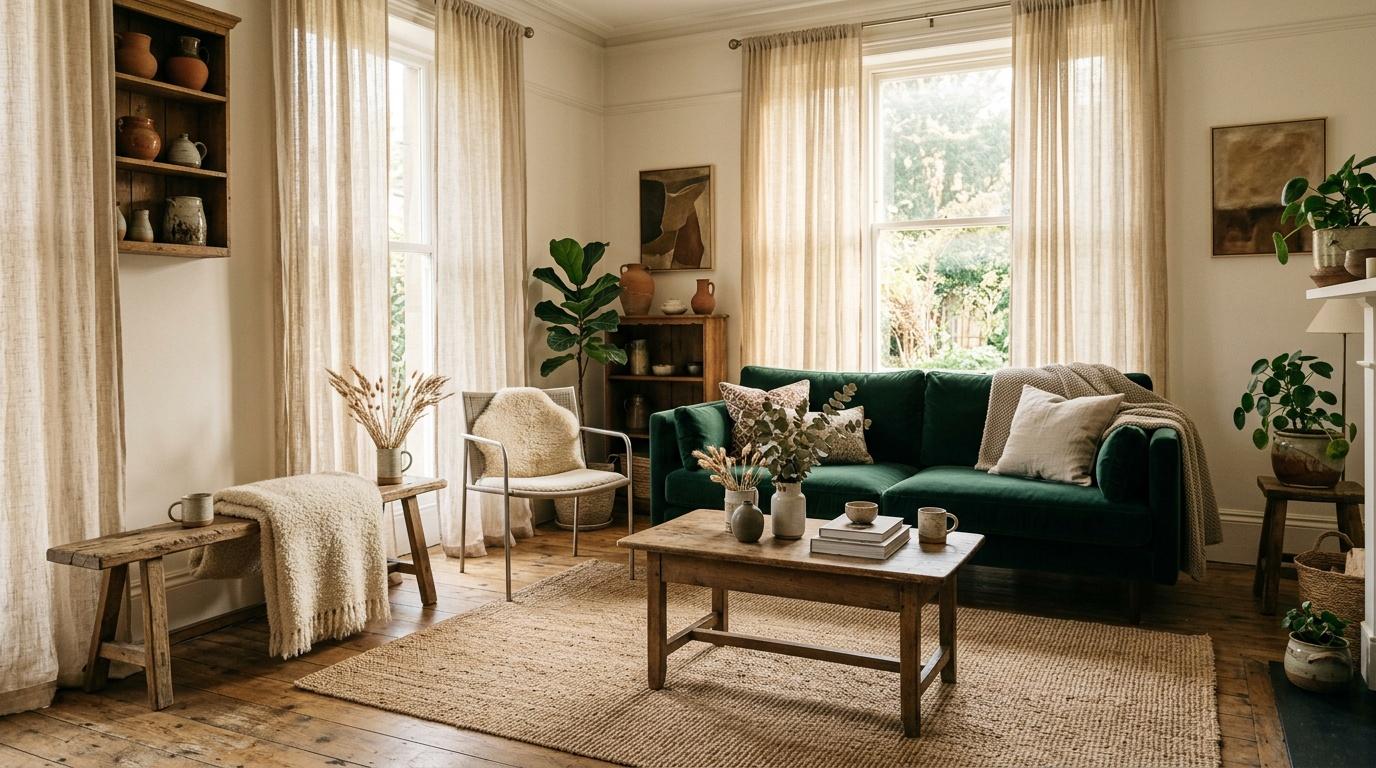 Salon lumineux avec canapé vert, fauteuils beiges et plantes vertes