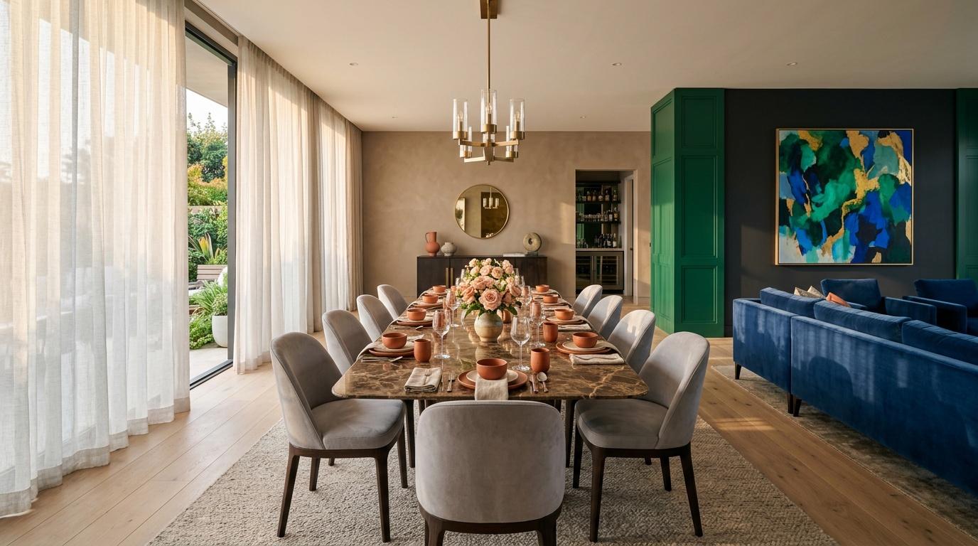 Salle à manger moderne avec table marbre, chaises grises et décoration raffinée
