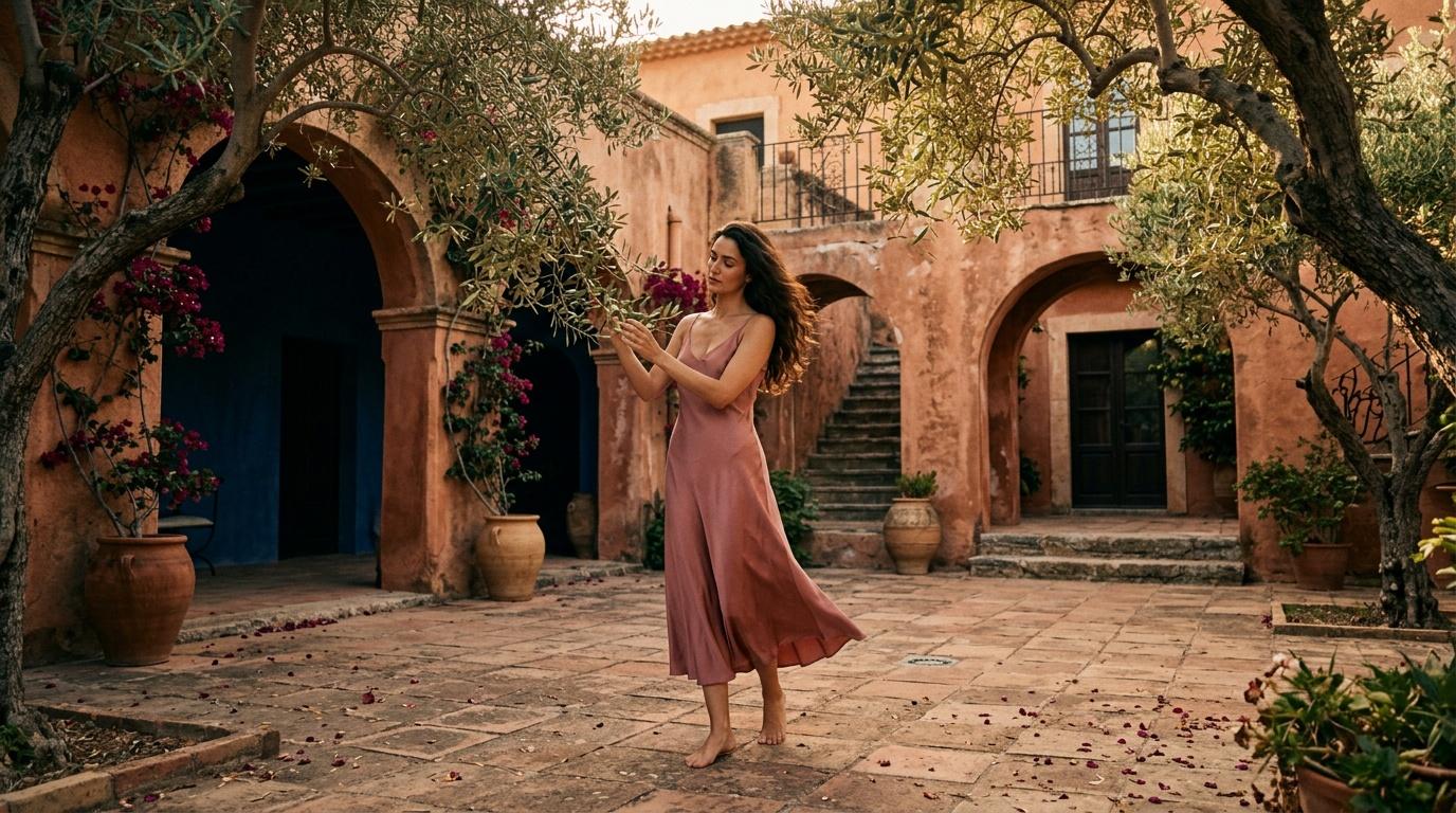 Femme en robe rose dansant dans une cour architecturale historique