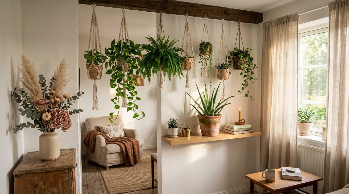 Salon lumineux avec plantes vertes suspendues et mobilier naturel