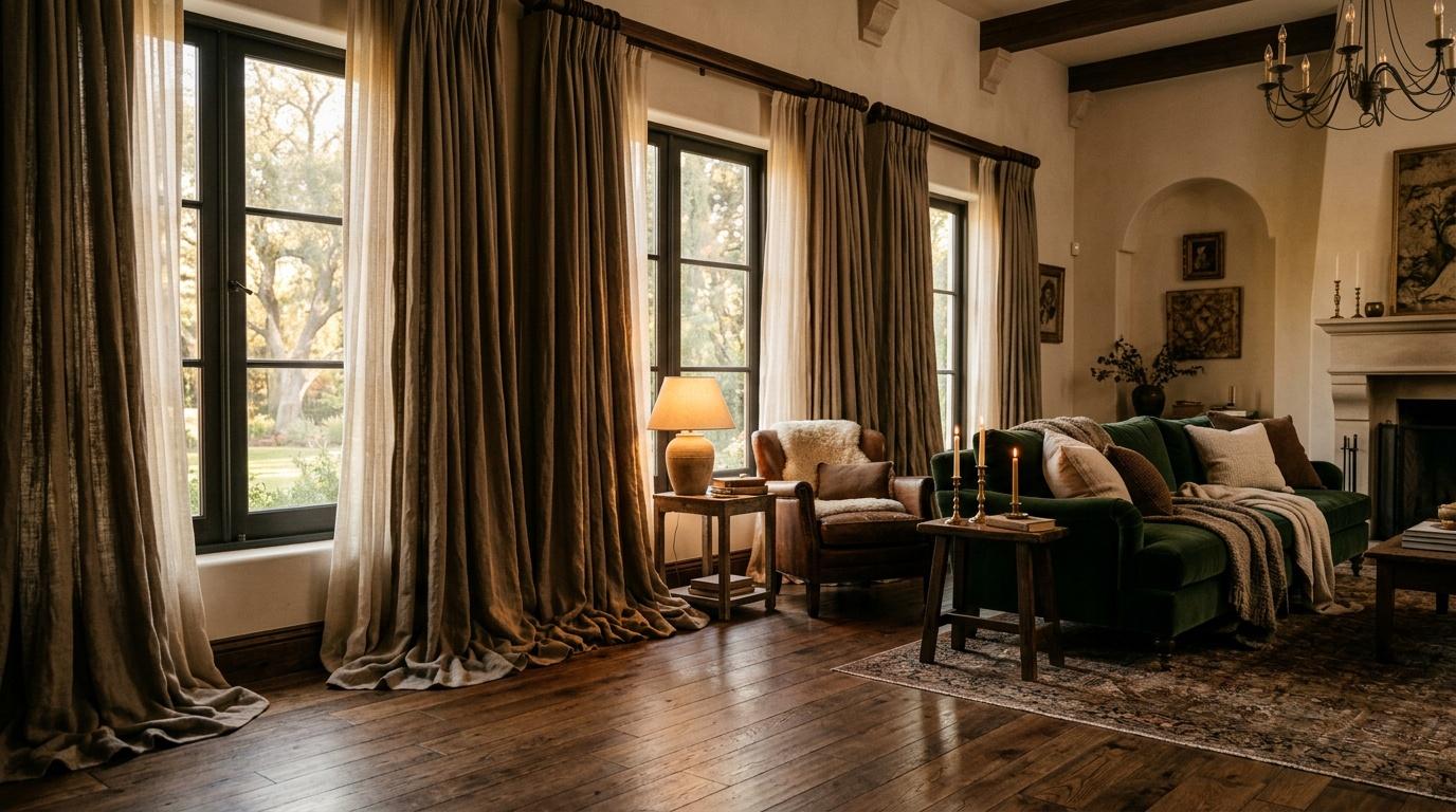 Salon luxueux avec rideaux dorés, mobilier classique et grandes fenêtres