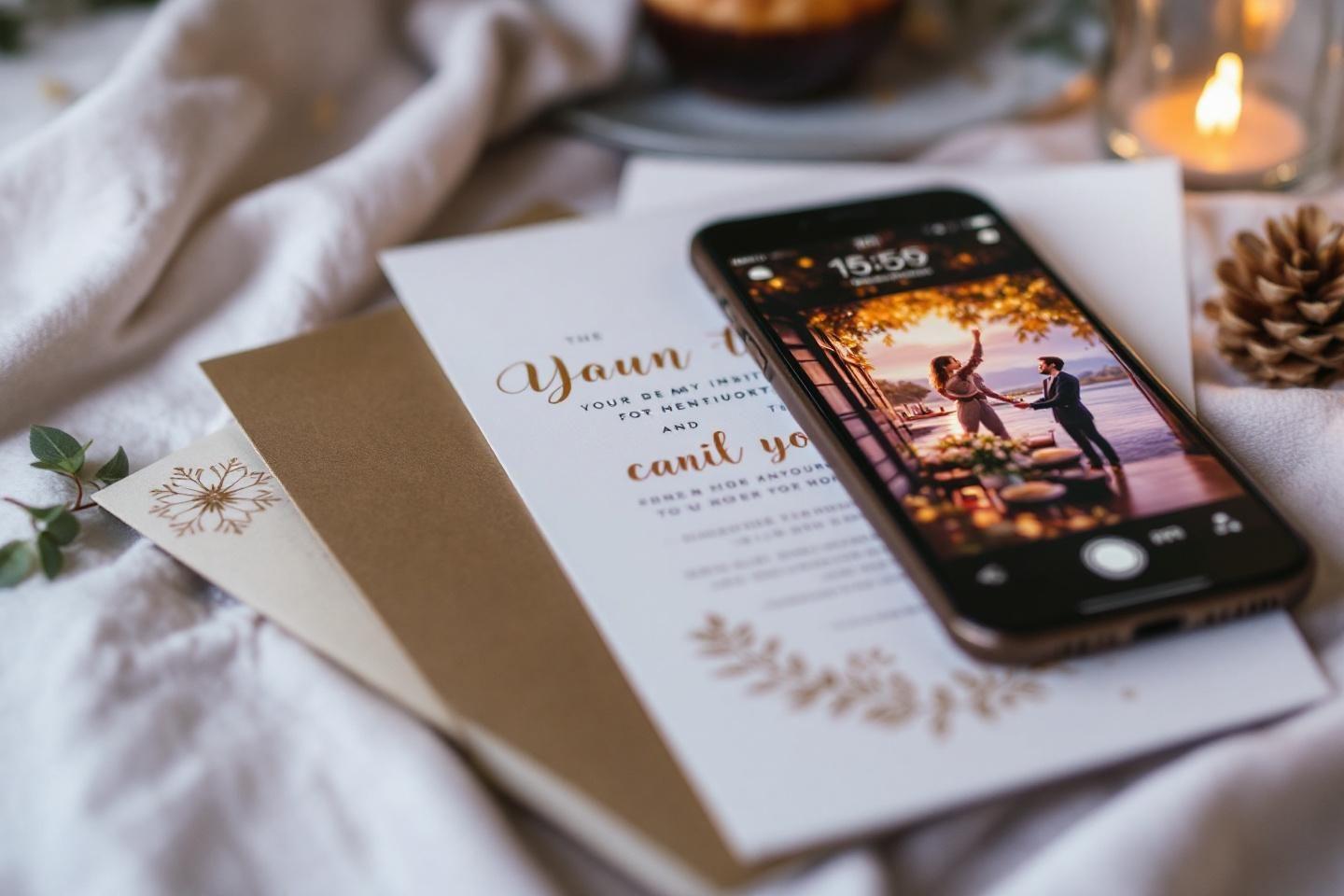 Carte d'invitation et smartphone montrant un couple enlac&eacute;