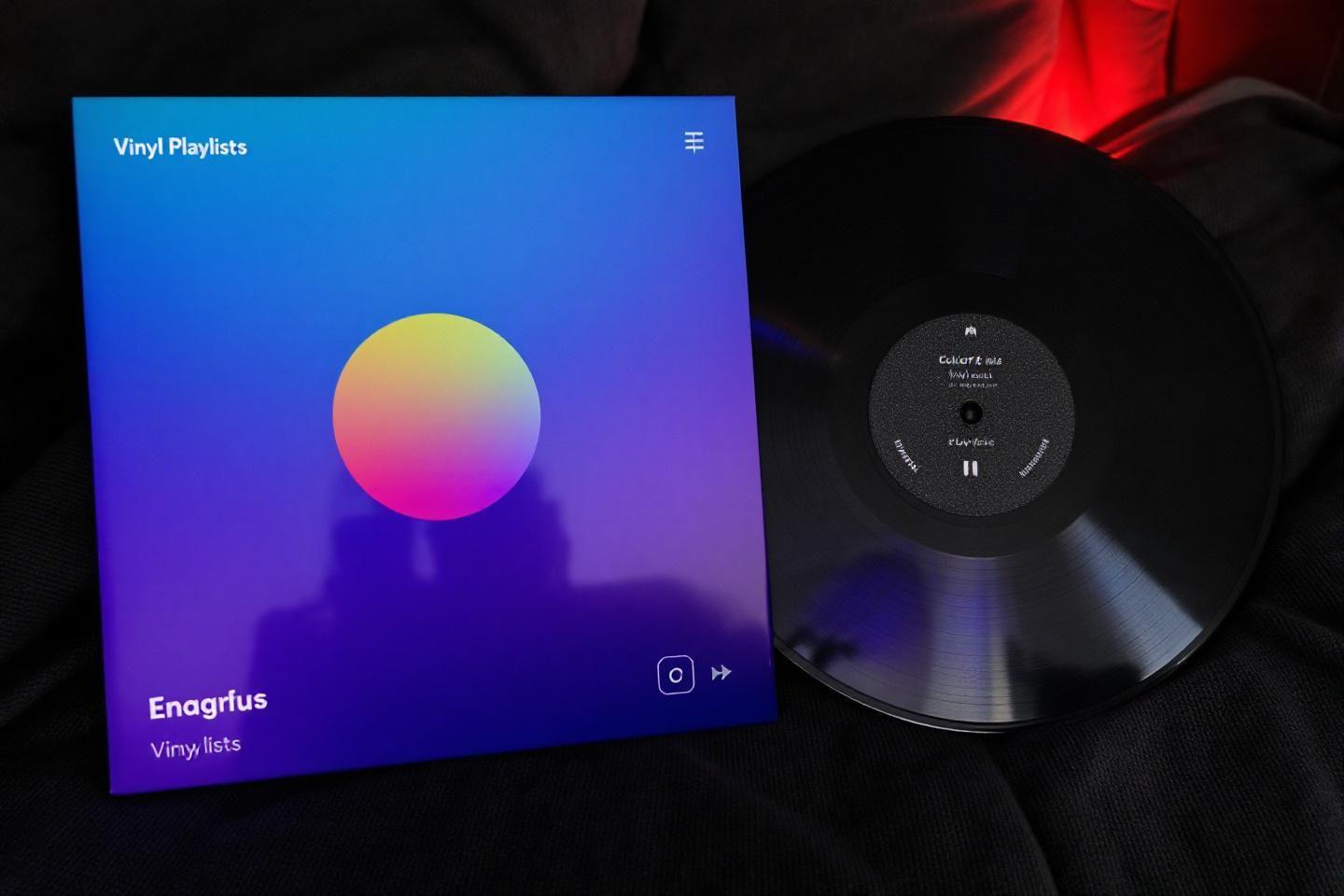 Disque vinyle noir &agrave; c&ocirc;t&eacute; d'un &eacute;cran avec cercle color&eacute;