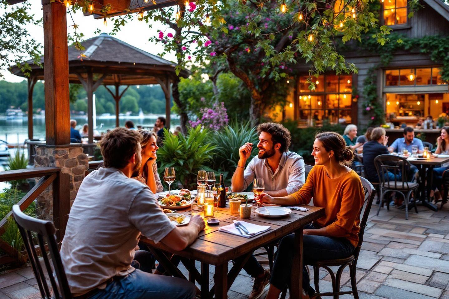 Groupe d'amis d&icirc;nant ensemble sur une terrasse au bord de l'eau