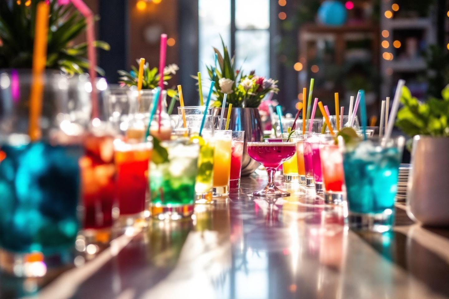 Rang&eacute;e de cocktails multicolores avec des pailles sur un bar